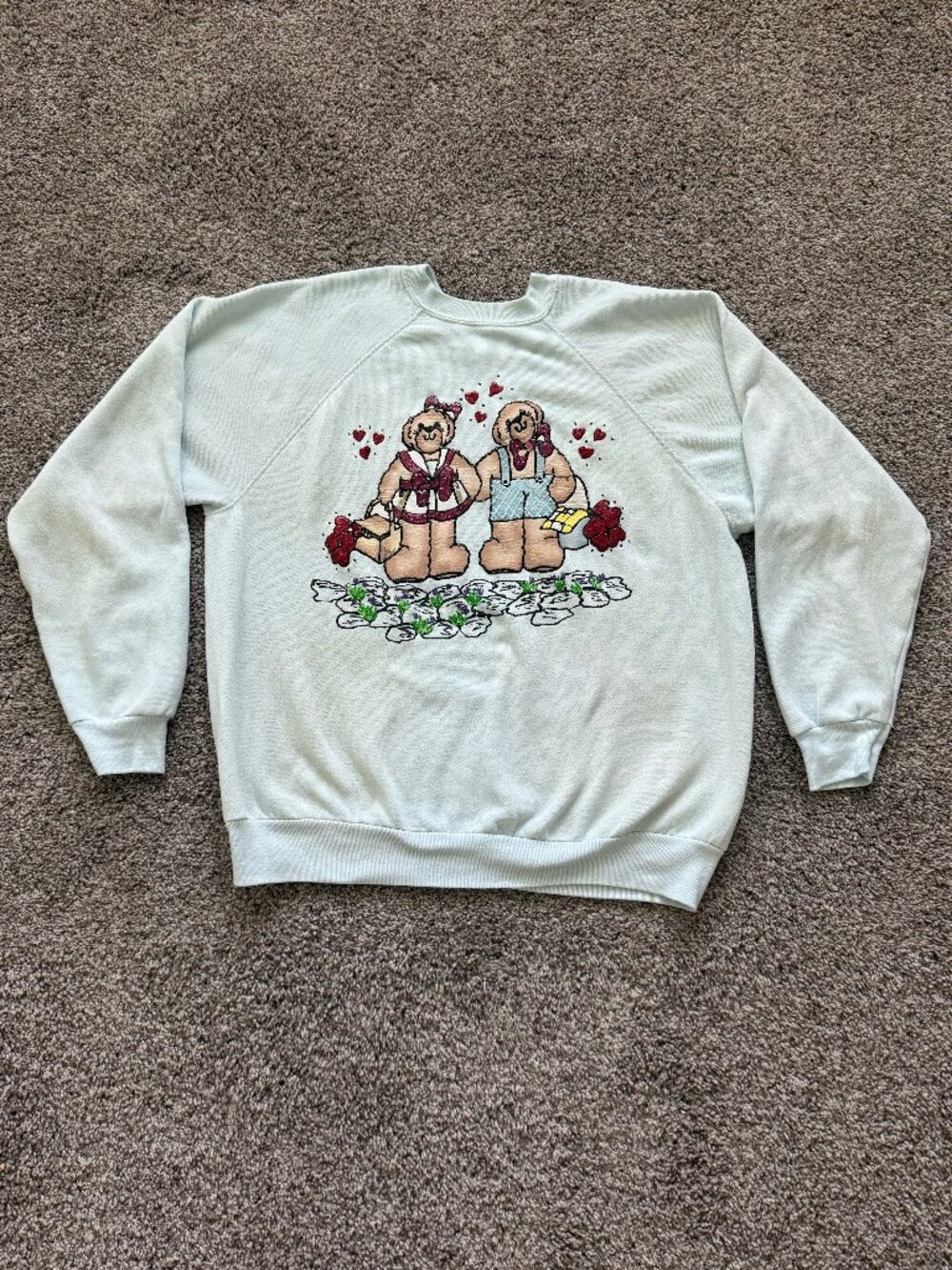 Vintage 80s 90s Hand Painted Teddy Bear Sweatshirt Tultex XL Light Blue USA